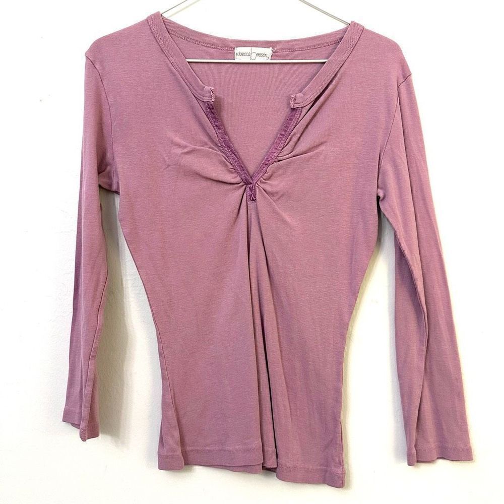 Rebecca Beeson Gathered Split V Neck Cotton Long Sleeve Top Lilac Size 2